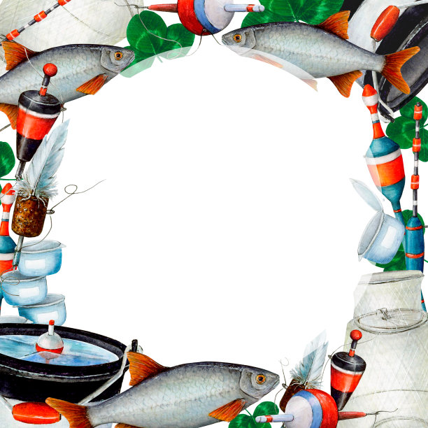 水彩画方形框架从各种钓鱼球，鱼，桶，三叶草叶，渔网，鱼线，鱼饵罐。白色背景圆在中间。钓具用于相框，标志，横幅，图标，明信片，传单，纺织品，wra图片下载
