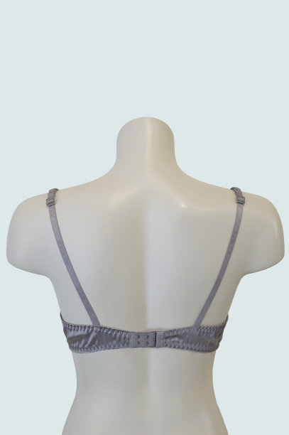 内衣。灰色女性胸罩穿在人体模型上，孤立在白色背景上。女人的内衣。图片下载