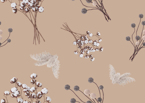 与潘帕斯草和干植物无缝图案。适用于织物印花、纺织品、包装纸、墙纸等。植物背景与干叶子。放荡不羁的风格。可重复的纹理。3 d渲染。图片下载