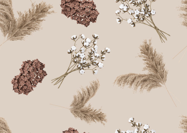 与潘帕斯草和干植物无缝图案。适用于织物印花、纺织品、包装纸、墙纸等。植物背景与干叶子。放荡不羁的风格。可重复的纹理。3 d渲染。图片下载