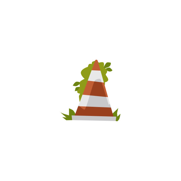 老交通锥杂草丛生，卡通平面矢量插图孤立在白色背景。图片下载