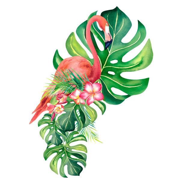 粉红色的火烈鸟在怪物的背景。水彩插图。热带鸟类。奇异鸟。图片下载