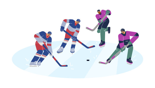 冰球队在冰上竞技场与棍棒卡通平面矢量插图孤立。图片下载