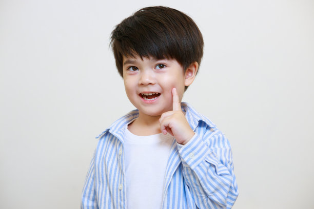 一个小男孩穿着彬彬有礼的衬衫，在白色的背景上用双手摆出一副若有所思的姿势图片下载