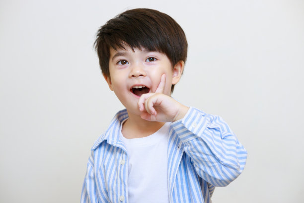 一个小男孩穿着彬彬有礼的衬衫，在白色的背景上用双手摆出一副若有所思的姿势图片下载