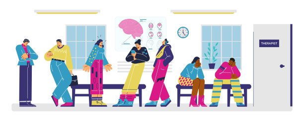 不同的人排队等候在治疗师办公室，平面矢量插图孤立的白色背景。图片下载