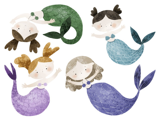 可爱的美人鱼儿童插图，儿童时尚的幼稚图形，波西米亚的海洋生活。用于t恤，印刷和设计，海报，卡片，贴纸，装饰和服装图片下载