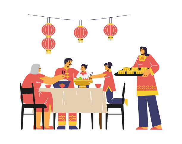 中国家庭在团圆饭庆祝中秋节，平面矢量插图孤立在白色背景。中秋节的传统。快乐的人们吃着月饼。图片下载