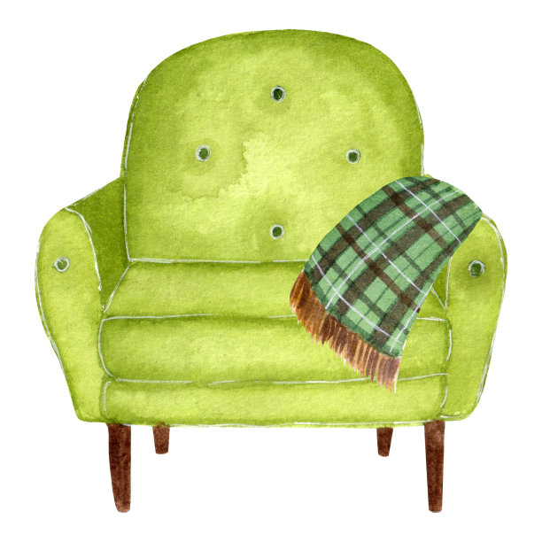 水彩室内插图，舒适的绿色扶手椅与格纹隔离在白色背景。图片下载