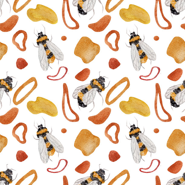 水彩无缝图案与明亮的蜜蜂和抽象元素在白色的背景。图片下载