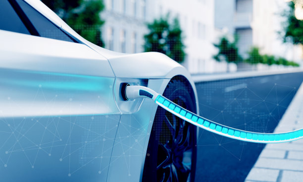 城市街道电动汽车高速充电站，采用蓝色能源电池充电。燃料动力和交通行业的概念。3D插图渲染图片下载