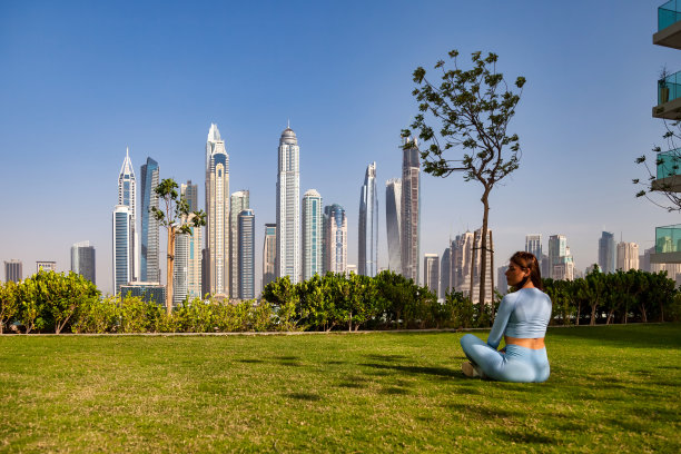 运动女人迪拜公园练瑜伽背影图片下载