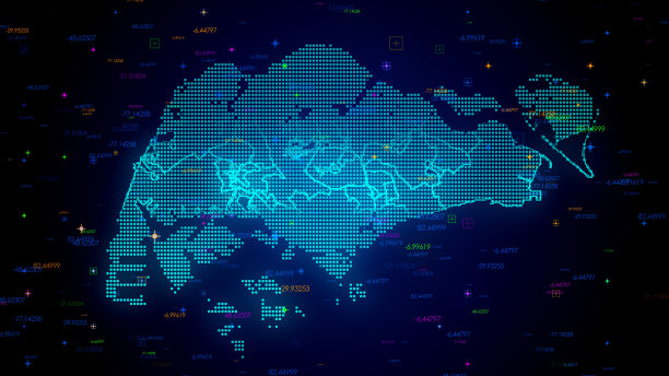 未来的蓝色彩色闪亮的数字技术Hud点马赛克网格新加坡地图光扫描与数字技术粒子图片下载