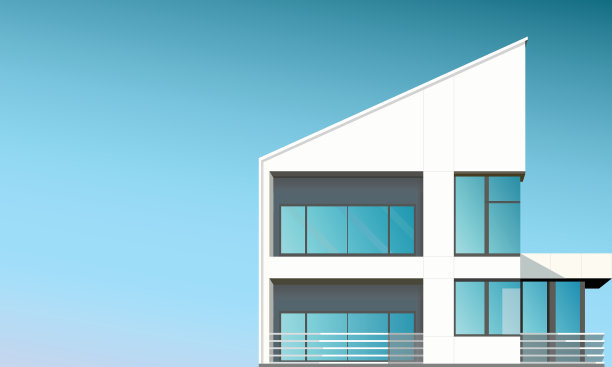 现代多层住宅的矢量插图，线条干净，边缘锋利，阳台，屋顶露台，大窗户。晴天蓝天背景图片下载