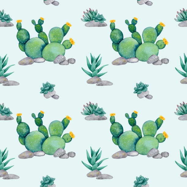 无缝图案与仙人掌和多肉植物在蓝色的背景。水彩植物装饰卡片，包装，包装，文具，织物，纺织品。节日、生日、周年纪念设计。图片下载