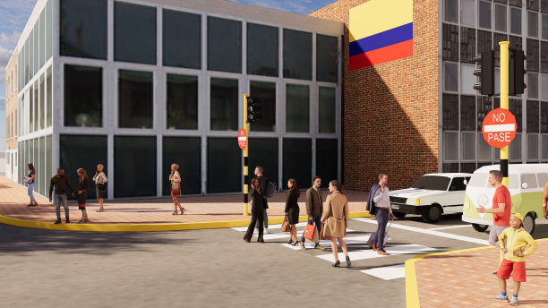 在现代城市景观中，人们沿着人行道漫步和穿过街道的3D渲染图片下载