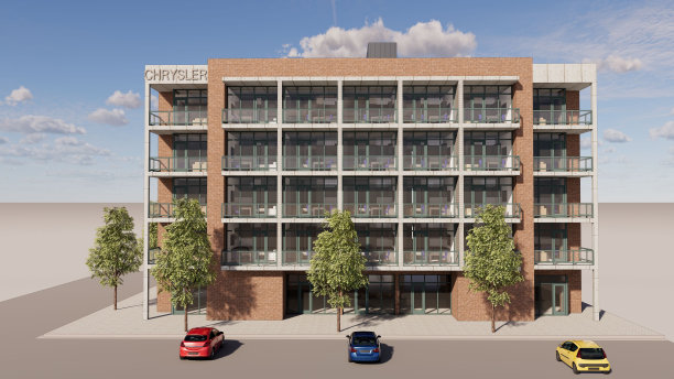 当代公寓综合体的3D渲染，车辆停在路边图片下载