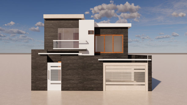 当代住宅的3D渲染，以车库和空调单元为特色图片下载