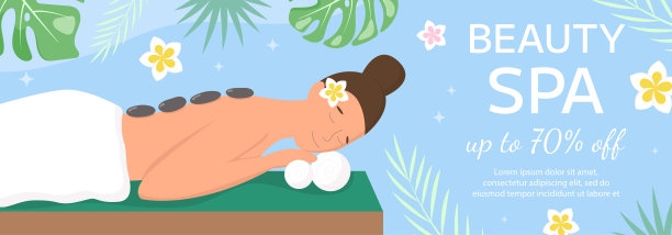 矢量美容spa沙龙横幅模板。女人躺在热石上按摩，热带树叶，蓝色背景的花朵。美容行业、按摩服务宣传单、宣传册、促销券。图片下载