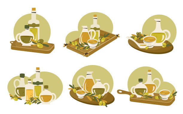 一套橄榄油瓶。玻璃打开的水罐和软木塞的特级初榨橄榄油瓶放在木板上。厨具用橄榄树枝、树叶做成。烹饪，健康理念。矢量图图片下载