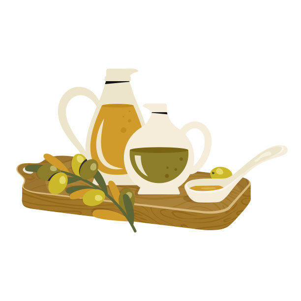 由橄榄油瓶、黄脂勺、橄榄树枝、树叶组成。玻璃打开油罐的植物油在木板上。厨具，烹饪概念。矢量平面插图图片下载