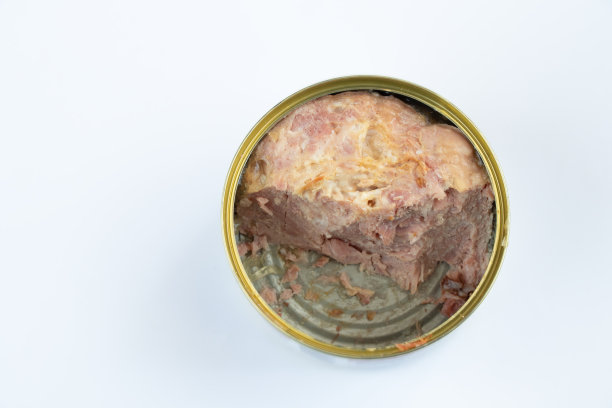 在白色背景的顶部视图上打开了装有炖肉的罐头罐子图片下载