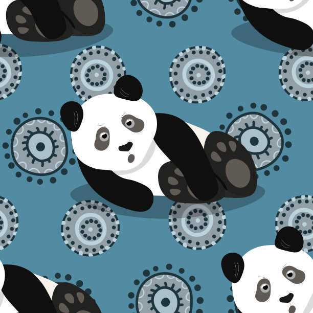 在彩色背景上与可爱的熊猫宝宝无缝图案。有趣的亚洲动物。卡片，给孩子的明信片。平面矢量说明织物，纺织品，壁纸，海报，礼品包装纸图片下载