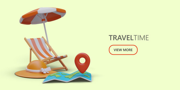 3d逼真的卡通日光浴床，遮阳伞，帽子和地图。旅游网页海报图片下载