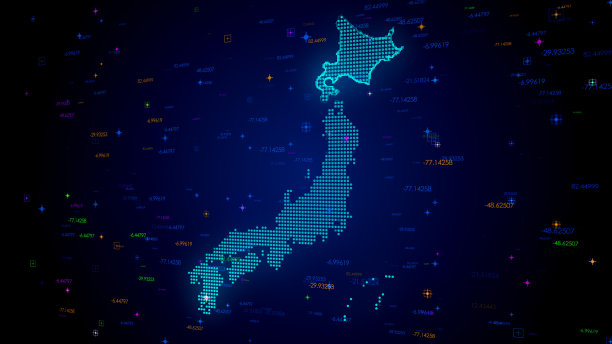 未来的蓝色彩色闪亮的数字技术Hud点马赛克网格日本地图透视视图与数字技术图片下载
