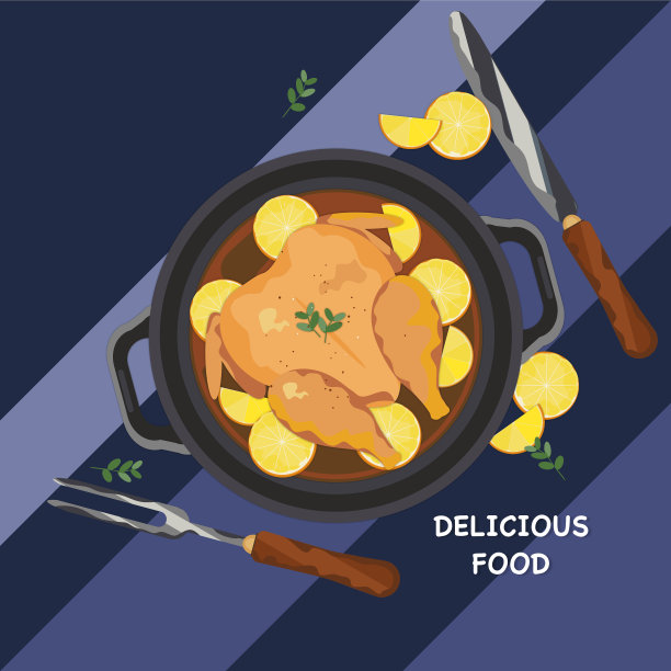 在平底锅上的整只柠檬烤鸡的俯视图。可以吃了。白色背景。图片下载