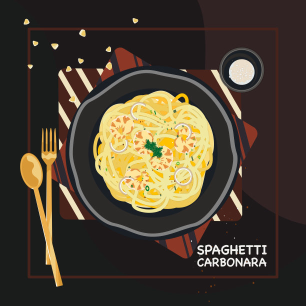 意大利传统的奶油熏肉意面，黑色盘子，黑色背景。带复制空间的俯视图。图片下载