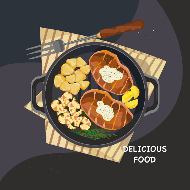 俯瞰美味的牛肉配上大蒜黄油酱和新鲜的对虾，土豆，柠檬在平底锅上烤，背景颜色明亮。图片下载