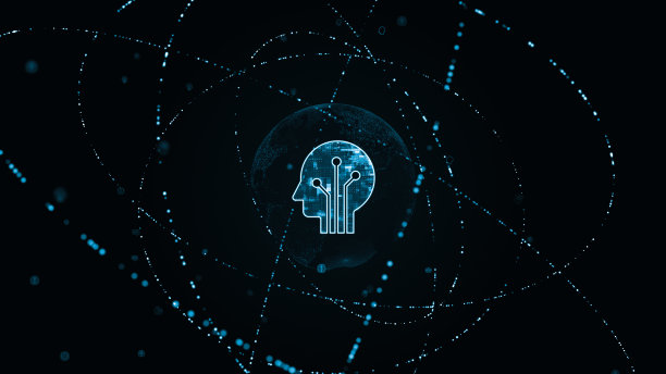 蓝色数字机器人标志与粒子环旋转和人工智能技术图标在未来的抽象背景人工智能技术和机器学习的概念图片下载