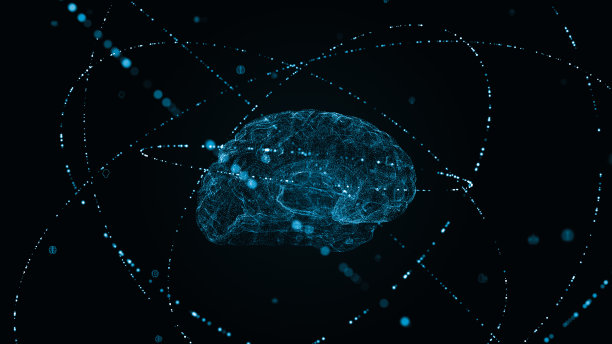 蓝色数字大脑标志与粒子环旋转和人工智能技术图标在未来的抽象背景人工智能技术和机器学习的概念图片下载