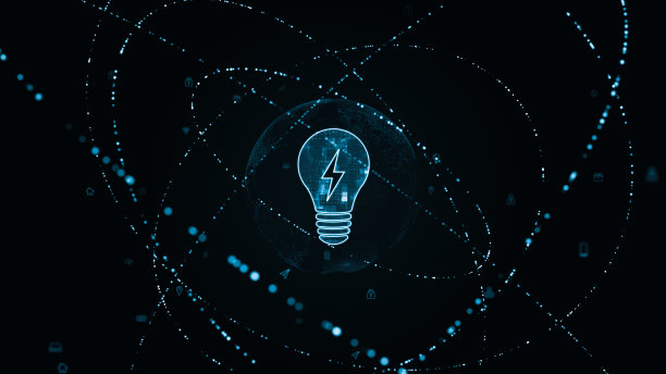蓝色数字灯标志与粒子环旋转和地球与人工智能技术图标未来的抽象背景灯泡和想法的概念图片下载