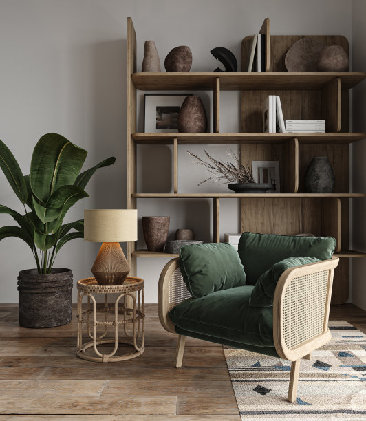 澳大利亚概念风格的客厅室内设计，棕色地板和柳条扶手椅。创意大地毯和家具。3 d渲染。高质量3d插图图片下载