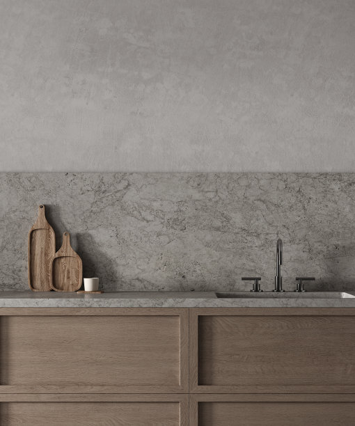现代简约斯堪的纳维亚风格的厨房室内设计。装饰用灰色粉彩柜台，木制橱柜和石材台面。3 d渲染。高质量3d插图图片下载