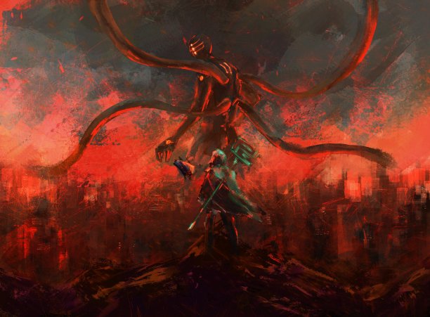 战士站立和对抗达蒙，故事怪物，神话和传说的生物，数字艺术，插图绘画。图片下载