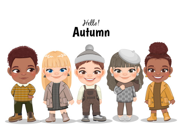 各式各样的孩子们穿着秋装。秋天的女孩和男孩卡通人物。矢量图图片下载