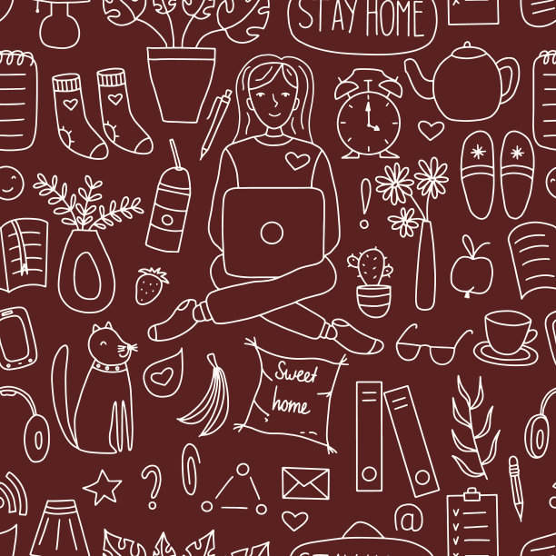 关于冠状病毒，Covid-19，呆在家里，在家工作的手绘矢量涂鸦的无缝图案。大流行的保护。隔离正面涂鸦，居家元素。图片下载