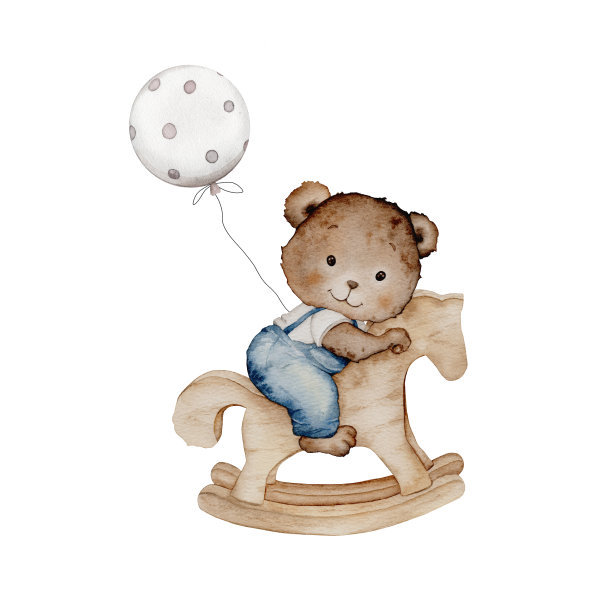 可爱的卡通泰迪熊在摇马和气球。水彩手绘插图。可用于儿童海报或婴儿派对。白色孤立背景图片下载