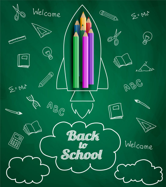 欢迎回到学校。用铅笔和手绘在黑板上的设计。向量。图片下载