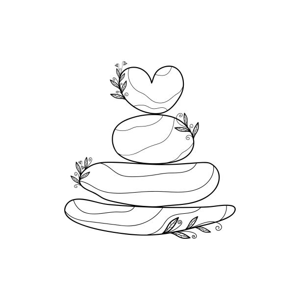 花石平衡线条艺术。纹身艺术。手绘形状各异的石头，植物枝干，风信子花。创意矢量插图。图片下载