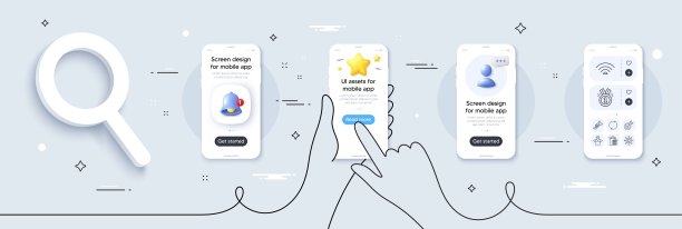 自动扶梯，Wifi和全旋转线图标包。用于web应用程序。手机屏幕模型。向量图片下载
