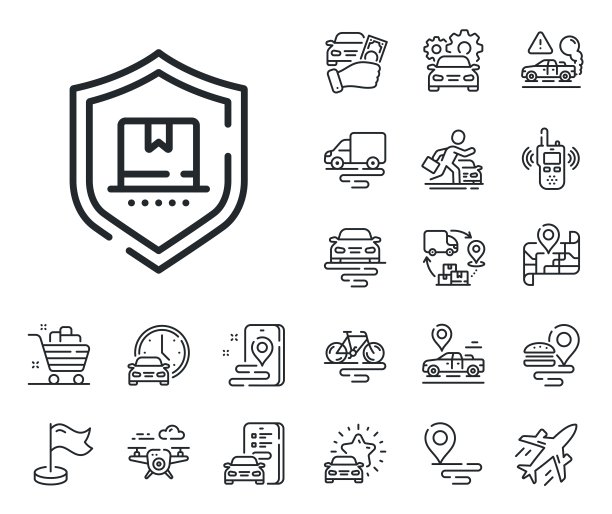 包装保护线图标。包裹递送保险标志。飞机，供应链和地点。向量图片下载