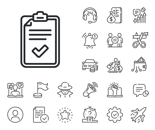 检查表线图标。检验报告标志。工薪族，性别平等，警铃响。向量图片下载