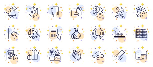 概述一套货币兑换，食品配送和音乐制作线图标的web应用程序。象形符号图标。向量图片下载