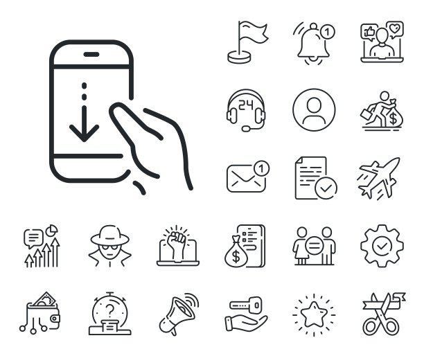 向下滚动电话线图标。滚动屏幕标志。滑动页面。工薪族，性别平等，警铃响。向量图片下载