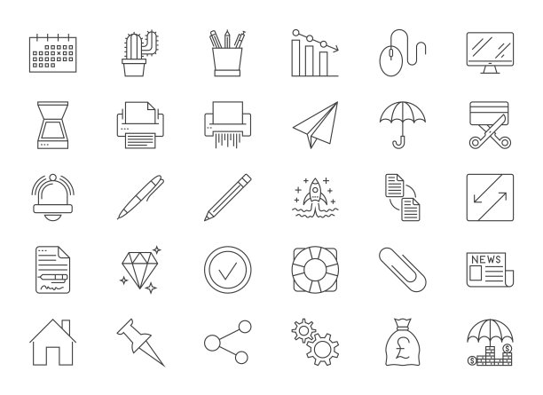 商业和金融，办公室和银行线矢量图标集图片下载