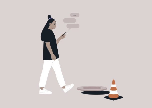 一个年轻的亚洲女性角色沉迷于他们的智能手机，忽视了途中打开的运河舱口图片下载